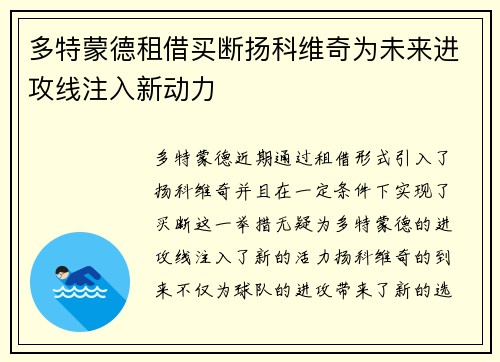 多特蒙德租借买断扬科维奇为未来进攻线注入新动力